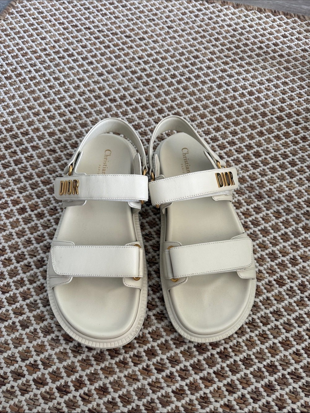 Dior Ivory Leather Kids Sandals with Gold DIOR Logo